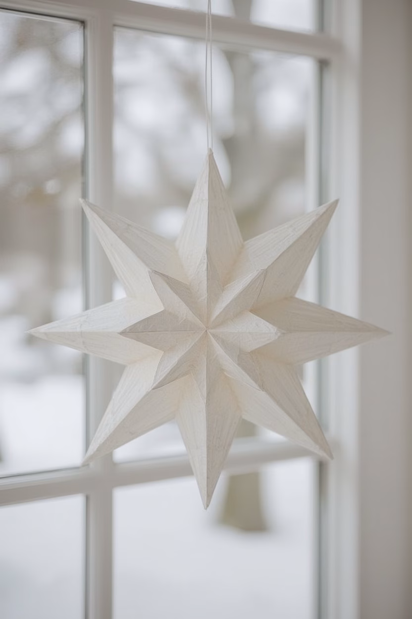 3D-Stern aus Papier: weißer Stern mit acht Zacken aus zwei Papierquadraten am Fenster