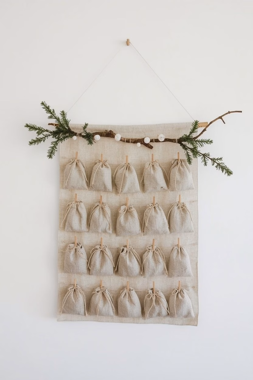 Adventskalender mit kleinen Stoffsäckchen an einem Ast mit Tannenzweigen an der Wand