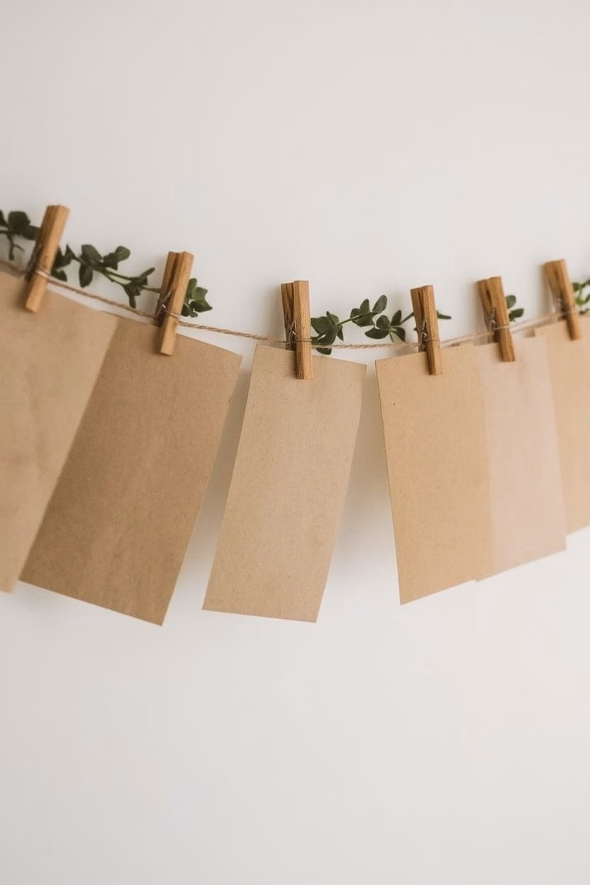 Adventskalender für Erwachsene aus Kraftpapier-Umschlägen an einer Schnur mit getrockneten Orangen und Zimt