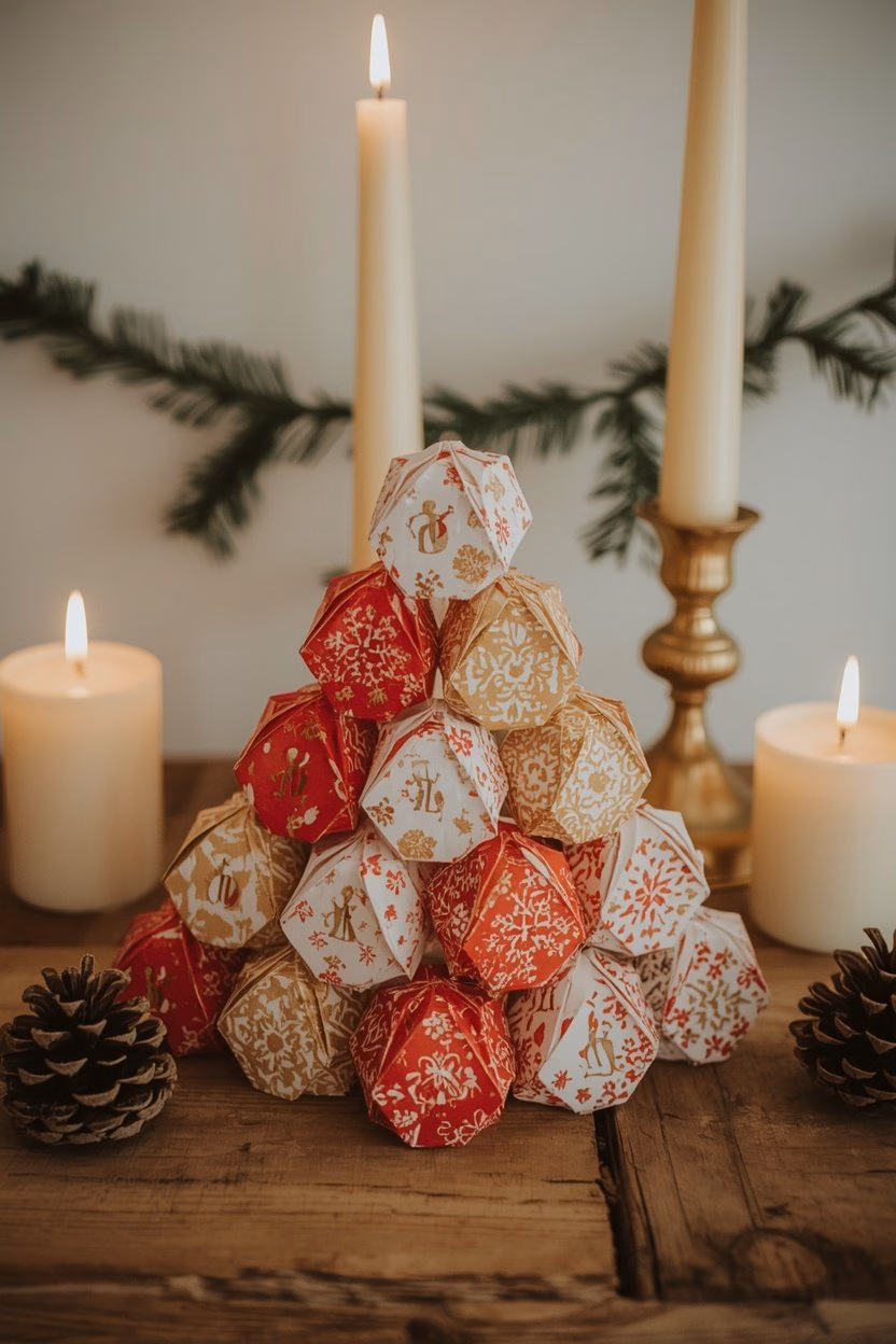 Kleine gefaltete Papierschachteln in Rot, Weiß und Gold als Adventskalender-Pyramide mit Kerzen
