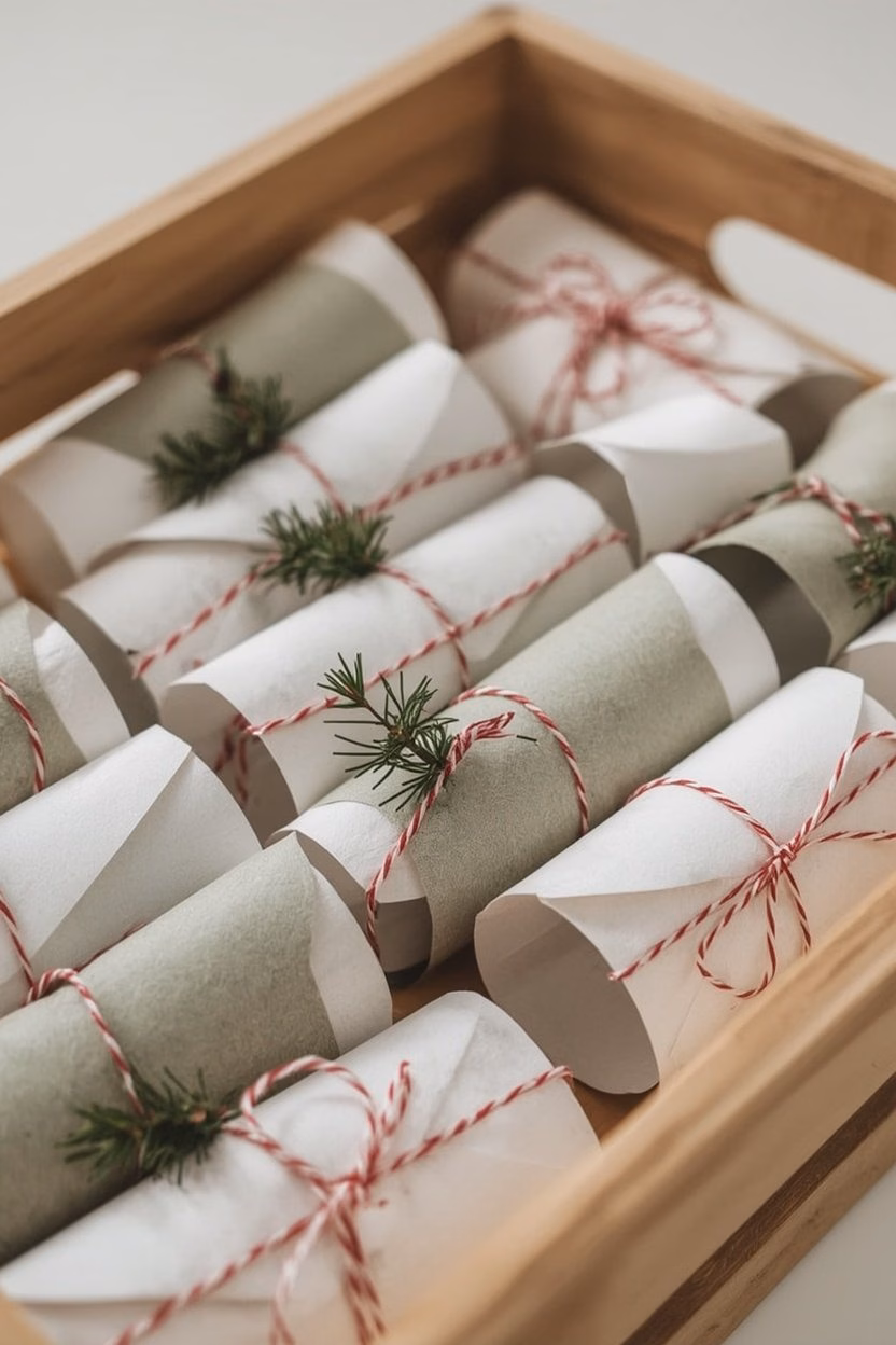 Adventskalender aus Klopapierrollen, mit Papier beklebt und mit rot-weißem Bäckergarn zugebunden, in einer Holzkiste