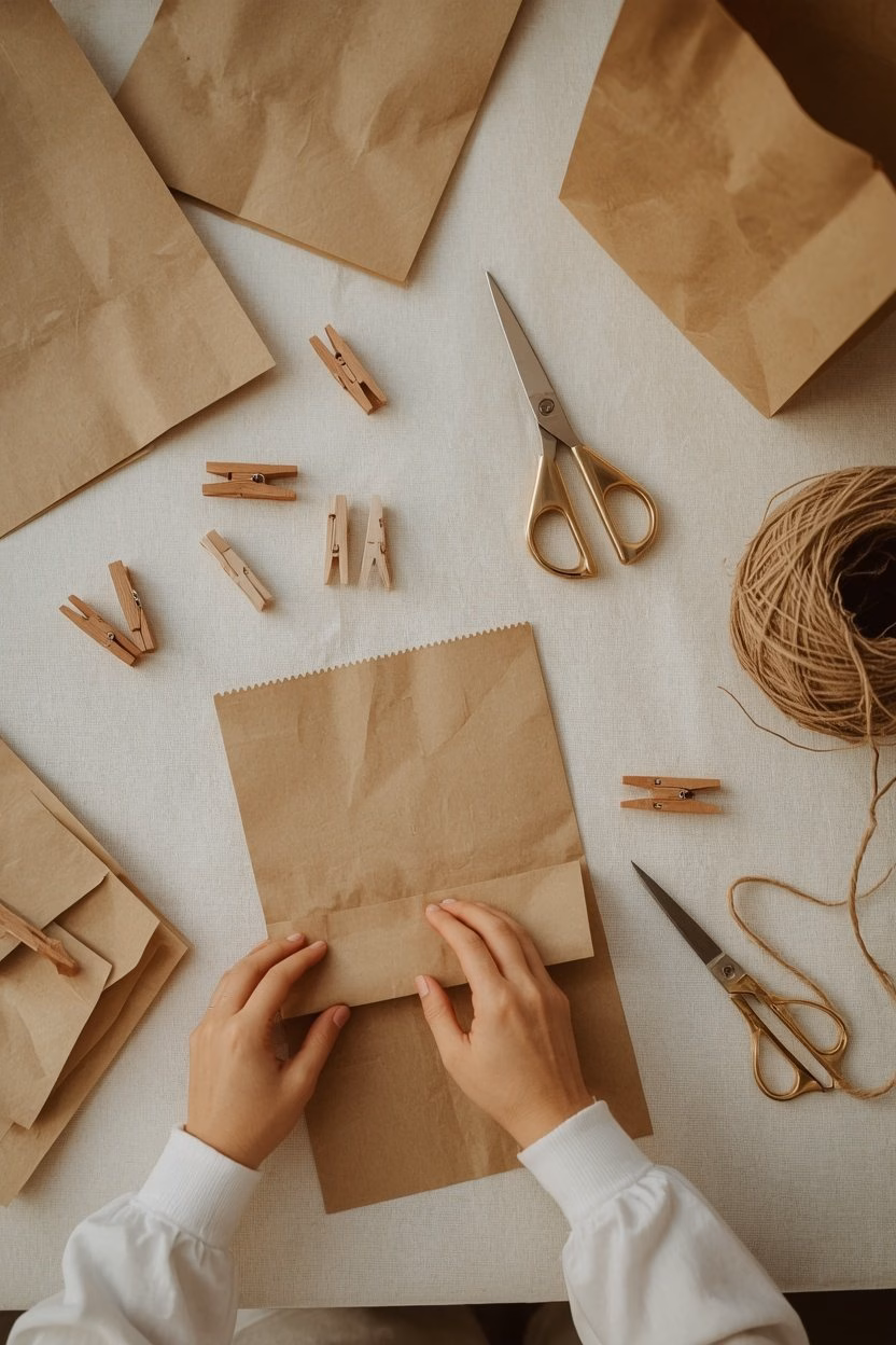Bastelmaterial für einen Adventskalender: Papiertüten, Mini-Holzklammern, Juteschnur und Schere auf dem Tisch