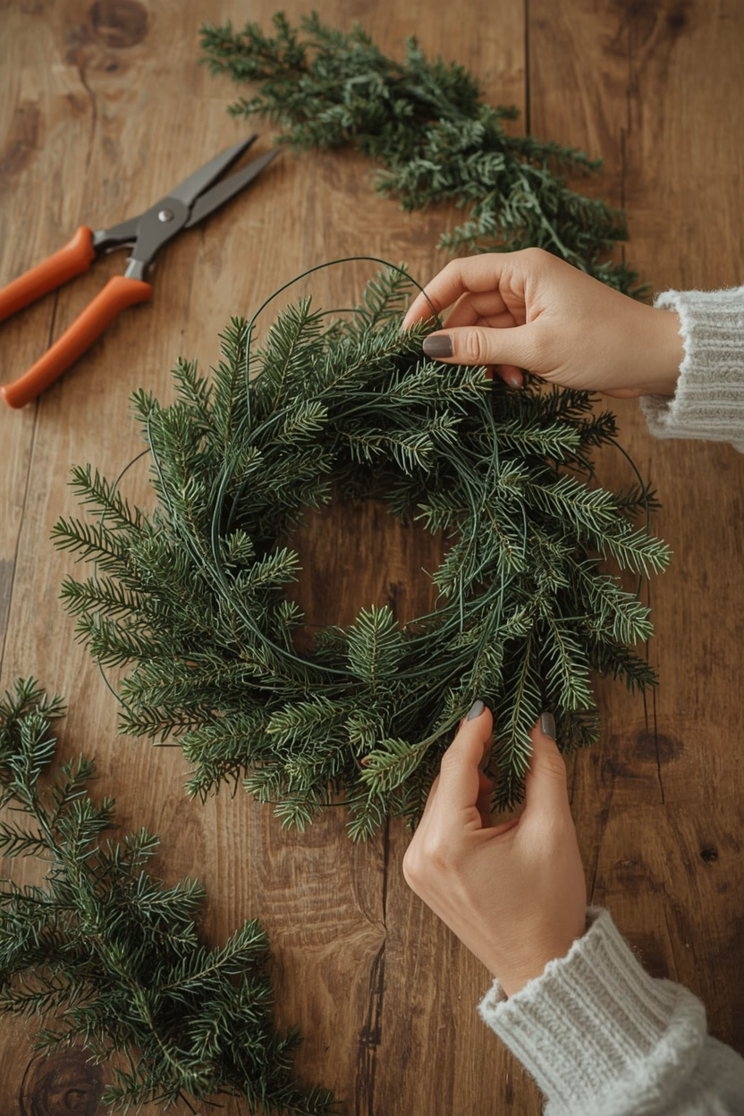 Adventskranz binden: Hände legen Tannenzweig-Bündel auf den Rohling und fixieren sie mit Wickeldraht