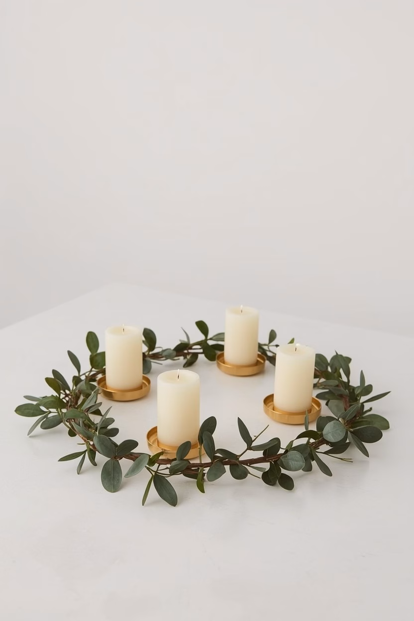 Moderner Adventskranz mit Metallring, Eukalyptuszweigen und vier Kerzen auf Kerzentellern
