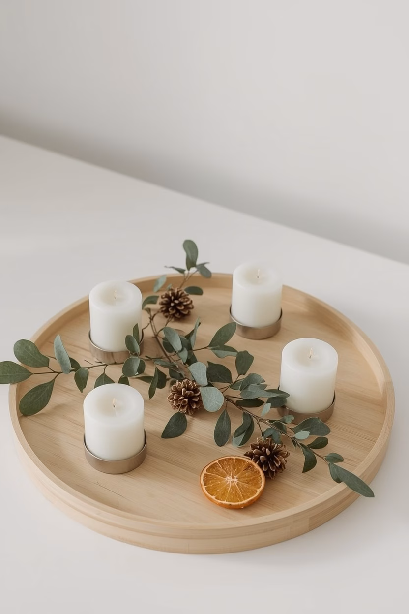 Moderner Adventskranz auf einem Holztablett mit vier weißen Stumpenkerzen, Eukalyptus und Orangenscheiben