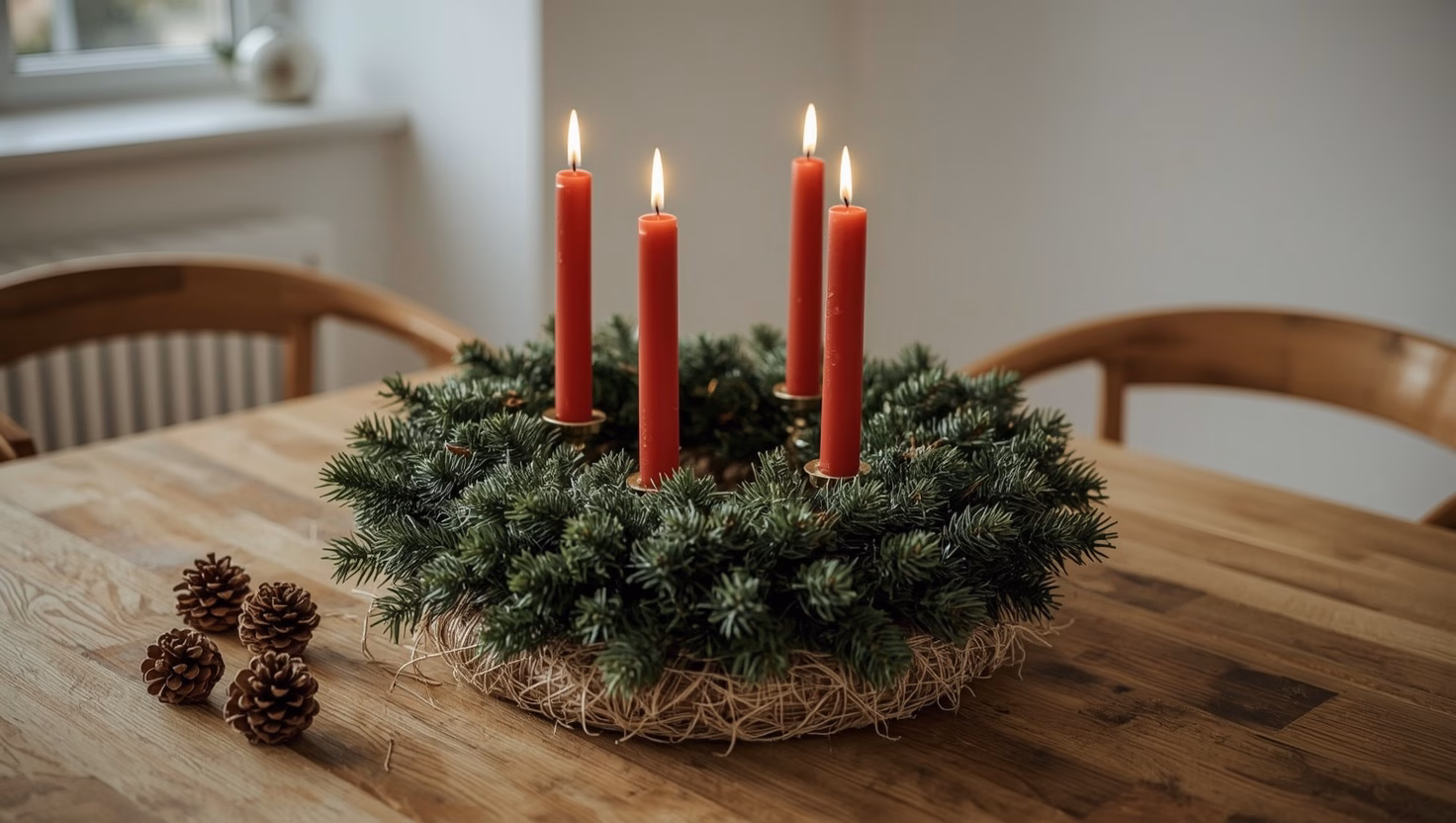 Selbst gebundener Adventskranz aus Tannengrün mit vier roten Kerzen auf einem Holztisch