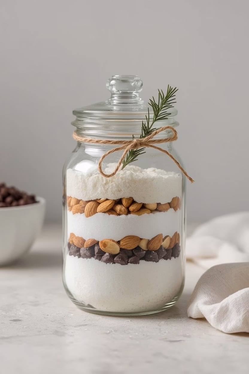 Backmischung im Glas als Weihnachtsgeschenk: Mehl, Zucker, Nüsse und Schokotropfen in Schichten