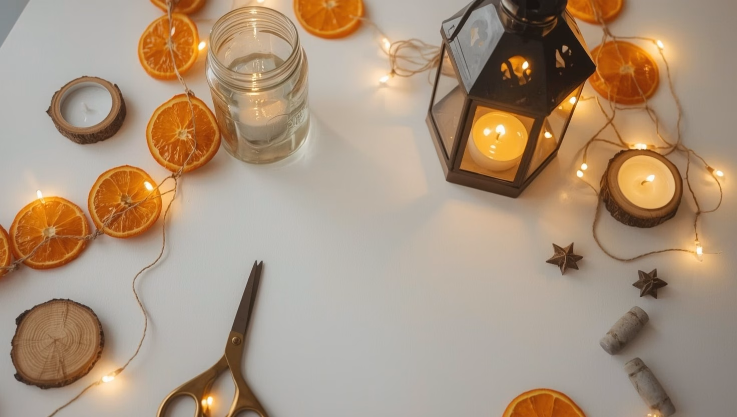 Basteln zu Weihnachten für Erwachsene: 8 Ideen mit Anleitung 14 Basteltisch mit getrockneten Orangenscheiben, Holzscheiben, Windlicht und Lichterkette