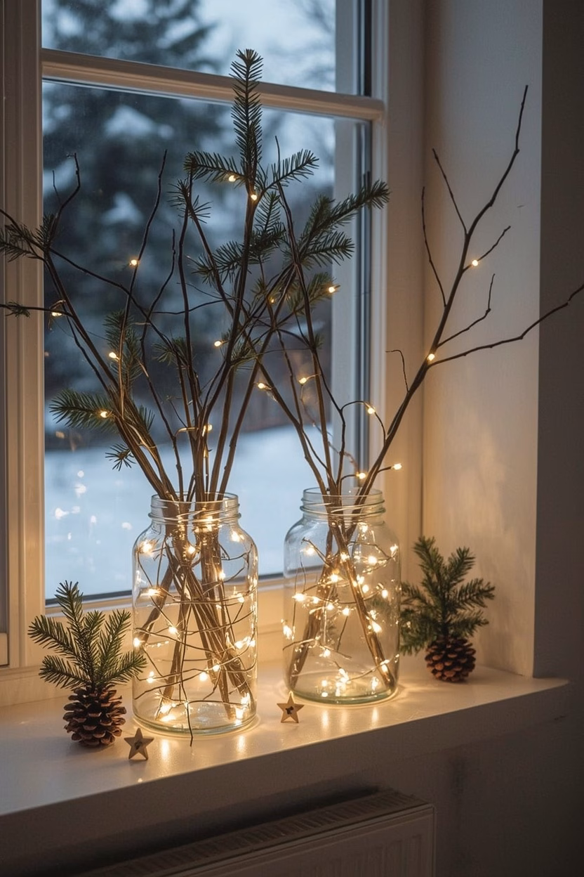 Fensterbank-Deko zu Weihnachten: Lichterketten in Einmachgläsern, Zweige, Tannengrün und Zapfen