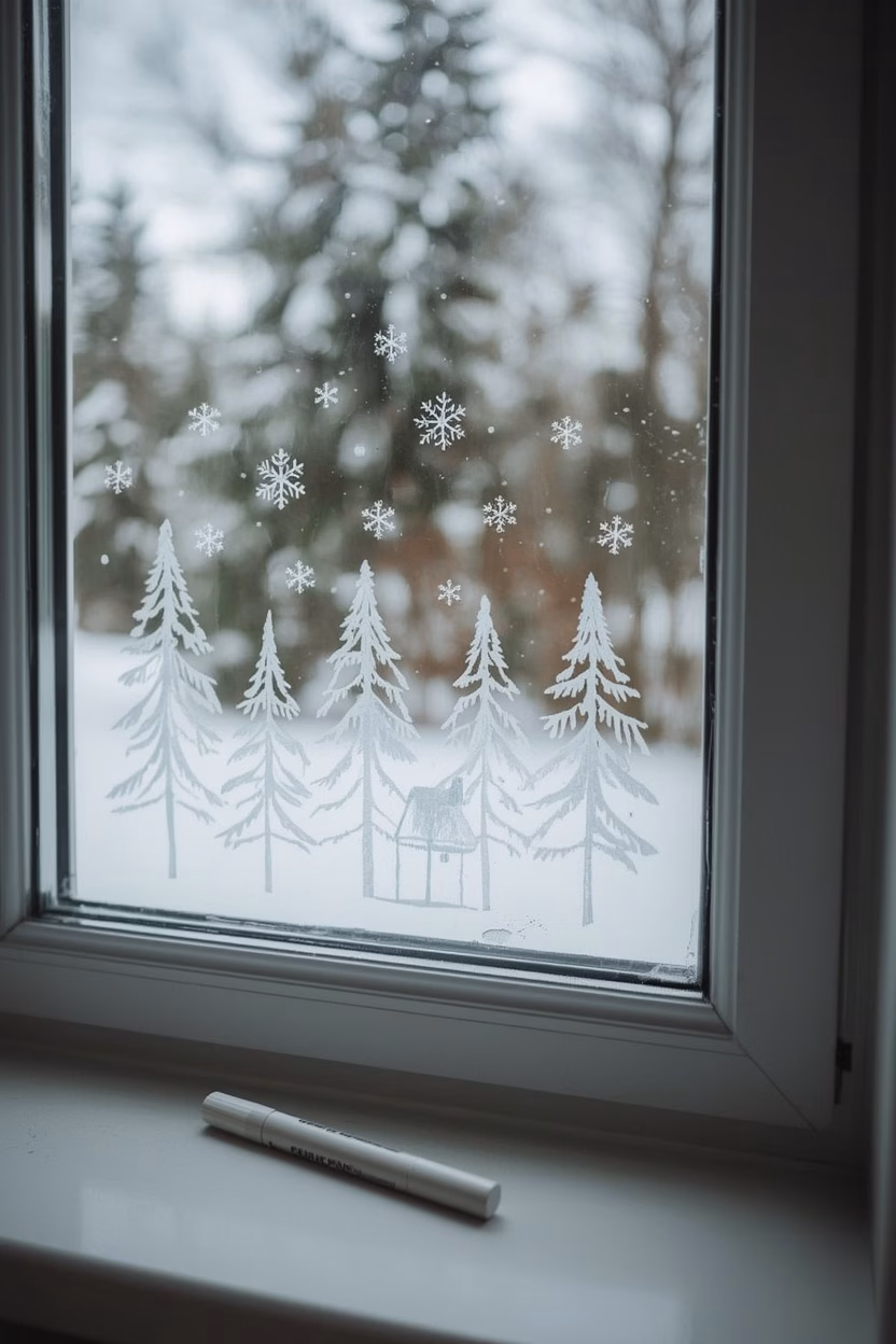 Fensterbild zu Weihnachten mit weißem Kreidemarker: Tannenbäume, Häuschen und Schneeflocken auf der Scheibe