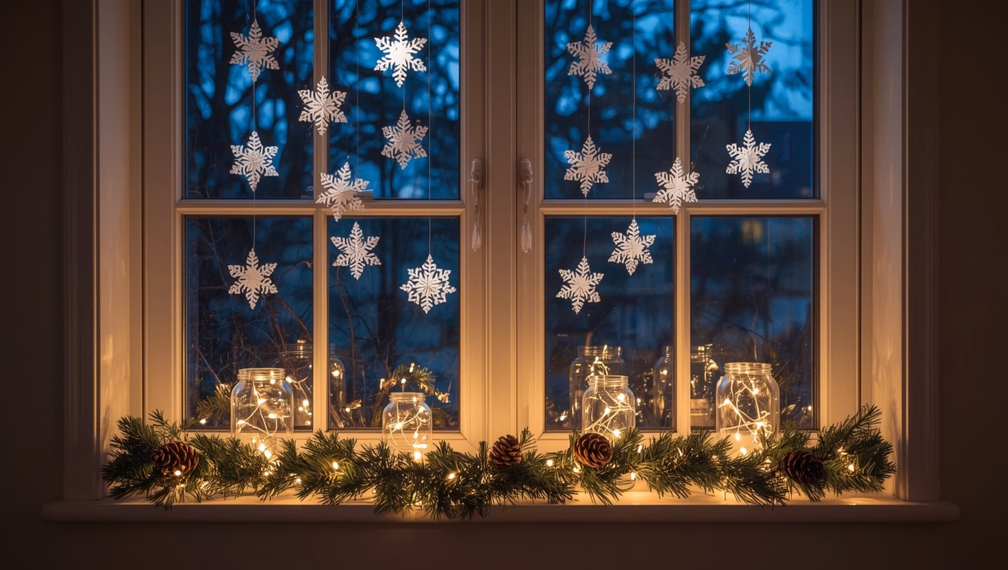 Fensterdeko zu Weihnachten: Papier-Schneeflocken am Fenster und Lichterketten in Gläsern auf der Fensterbank