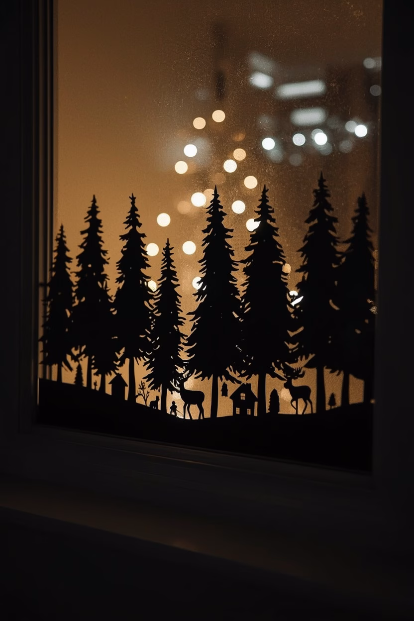 Scherenschnitt-Silhouette eines Winterwaldes mit Rehen als Fensterdeko, von hinten beleuchtet