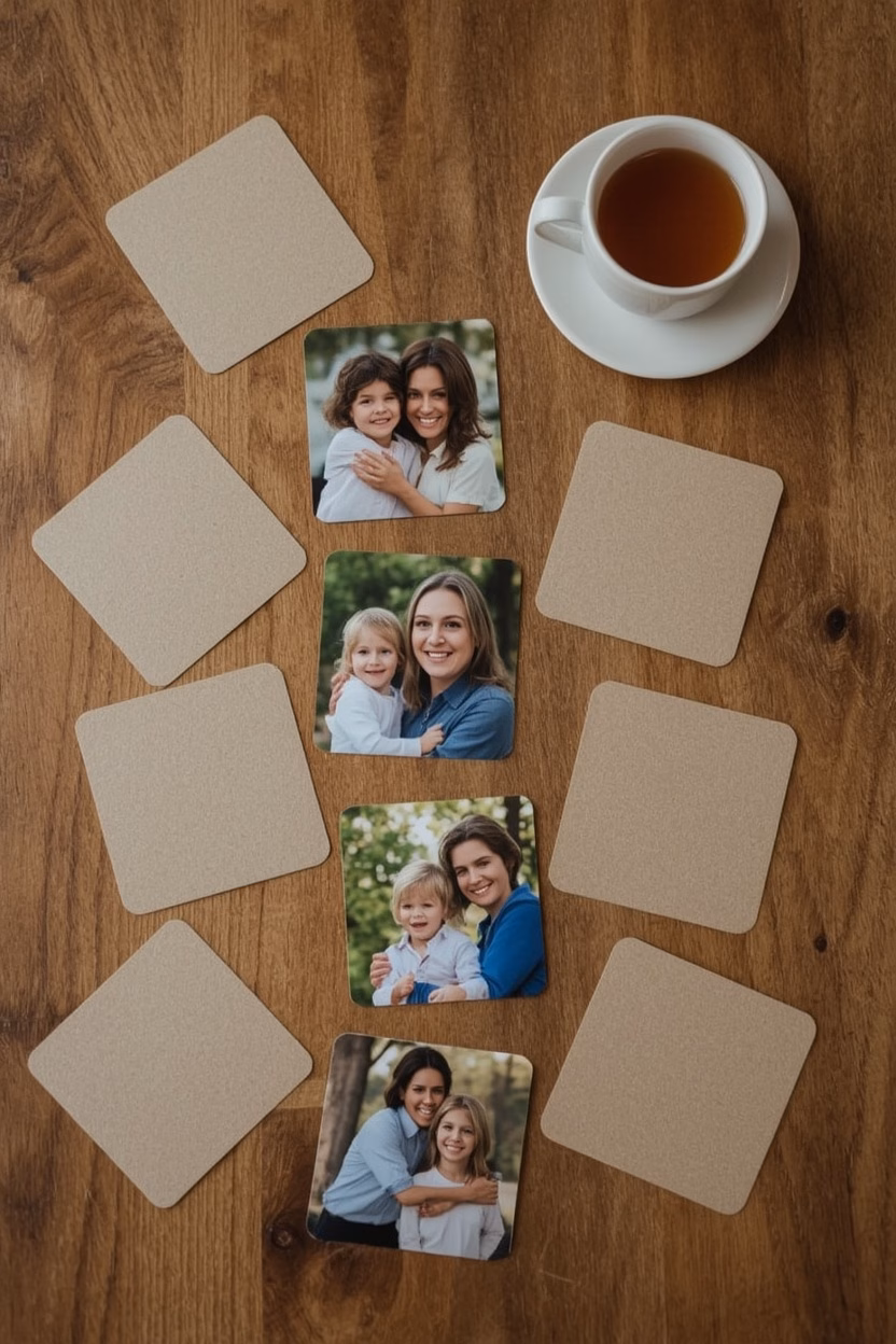 Foto-Memory selbst gemacht: Karten aus Graupappe mit Familienfotos als Geschenk für Oma und Opa
