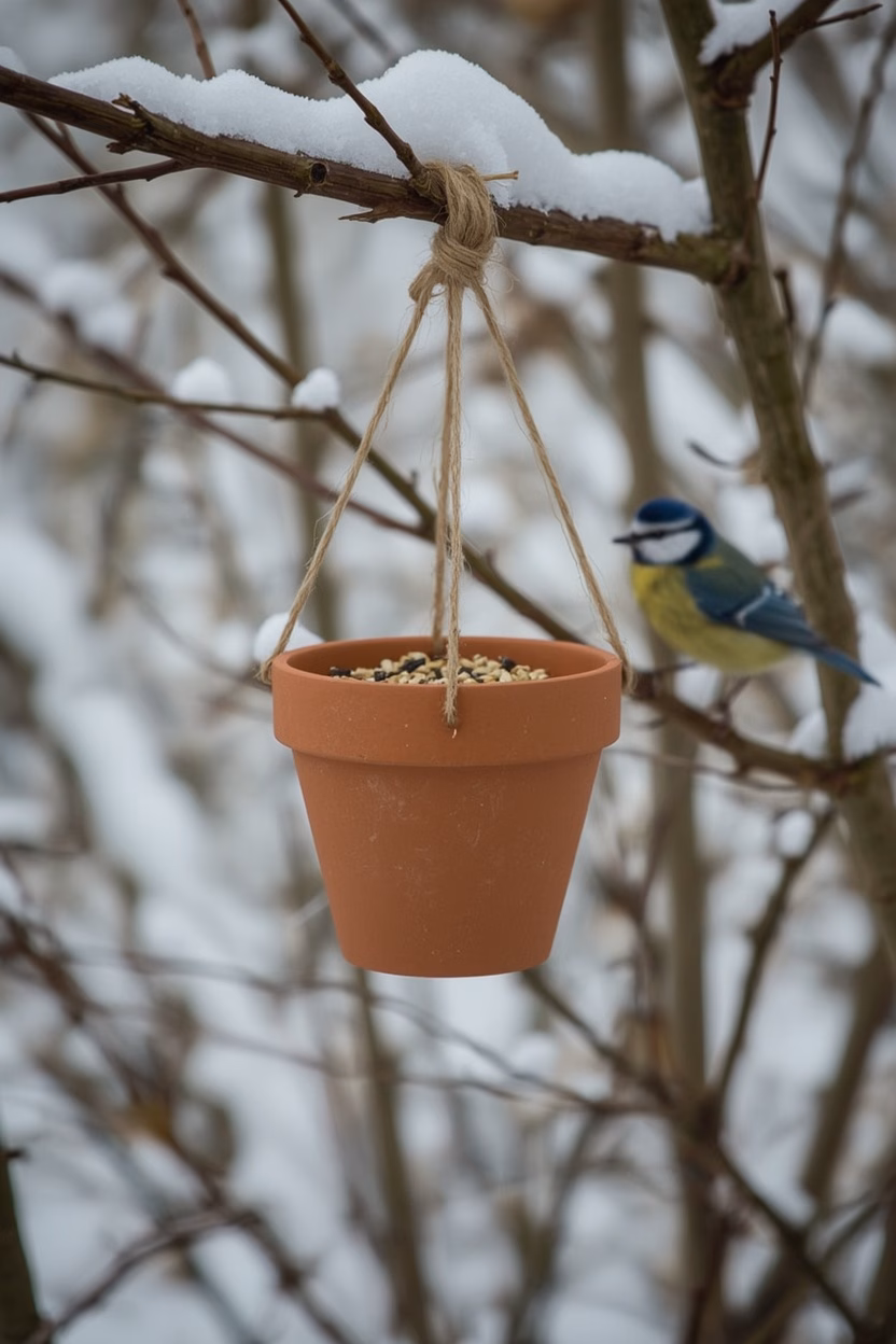 Futterglocke: Tontopf mit Fett und Körnern als Geschenk für Opa, im verschneiten Garten mit Blaumeise