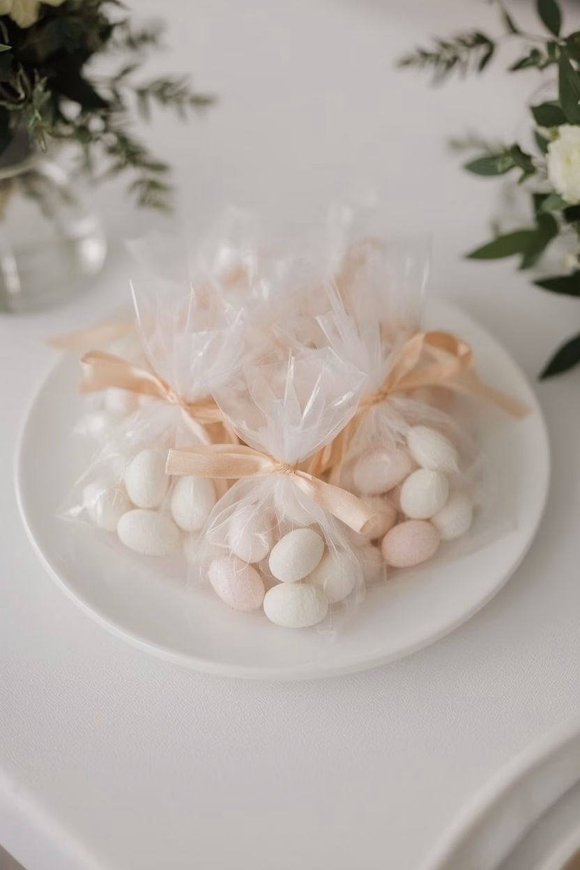 Zuckermandeln in weißen Tüllsäckchen mit Satinschleife als Gastgeschenk zur Hochzeit