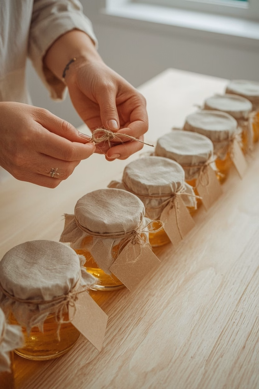 Mini-Honiggläser als Gastgeschenk: Hände binden Juteschnur um Stoffdeckel