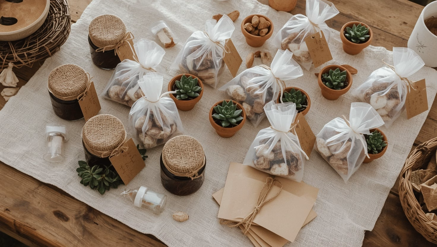 Selbstgemachte Gastgeschenke zur Hochzeit: Mini-Gläser, gebrannte Mandeln in Tüllsäckchen und kleine Sukkulenten auf einem Holztisch