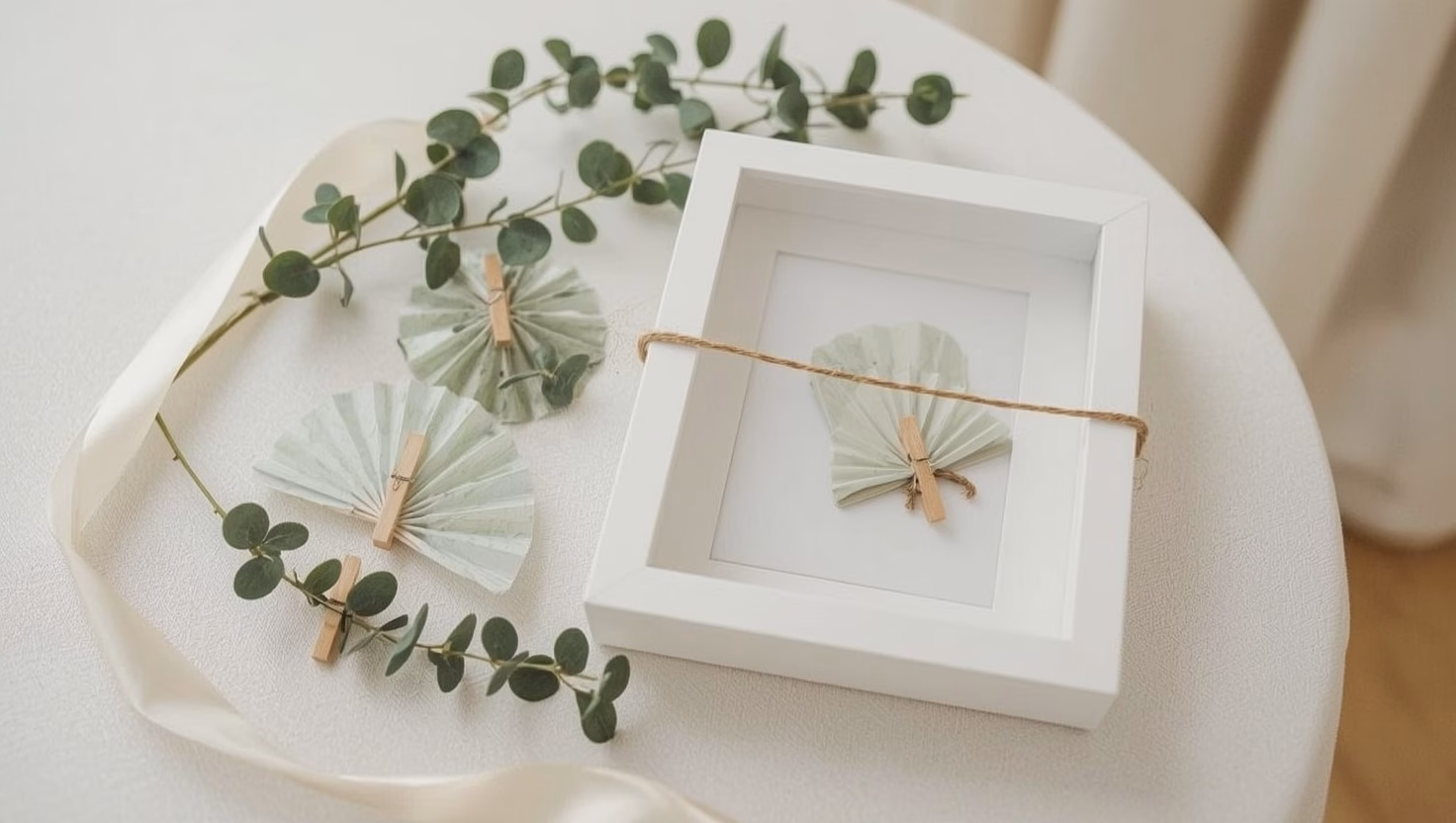 Geldgeschenk zur Hochzeit im 3D-Bilderrahmen: gefaltete Fächer an einer Juteschnur mit Mini-Holzklammern, daneben Eukalyptus