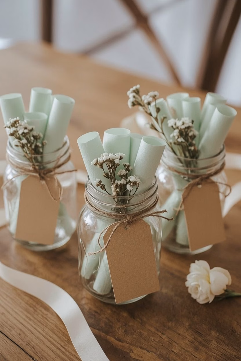 Drei Einmachgläser mit gerollten Geldscheinen, Schnur und Kraftpapier-Anhängern als Geldgeschenk zur Hochzeit