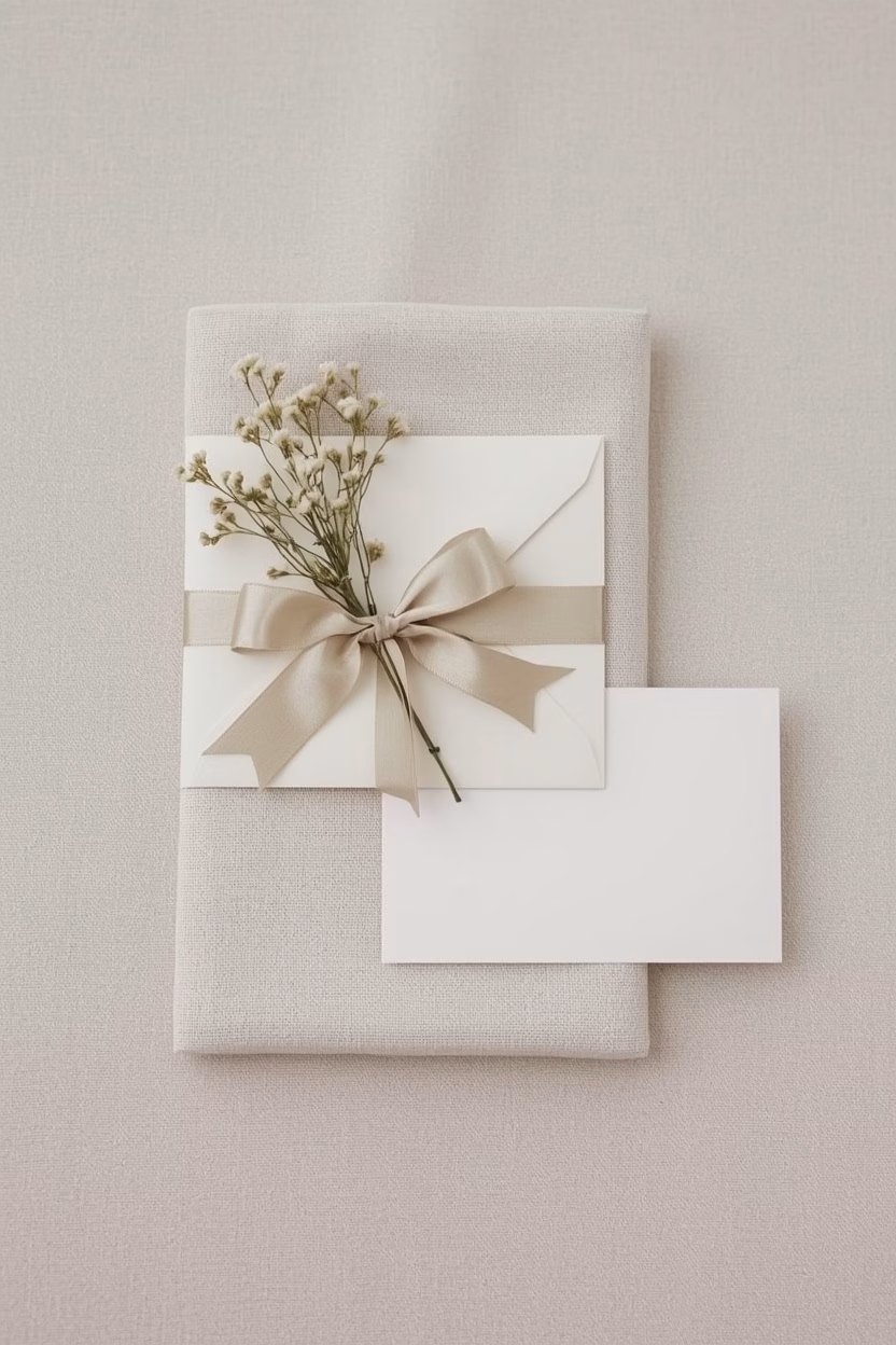 Geldgeschenk zur Hochzeit: Umschlag mit Schleife, Schleierkraut und leerer Karte