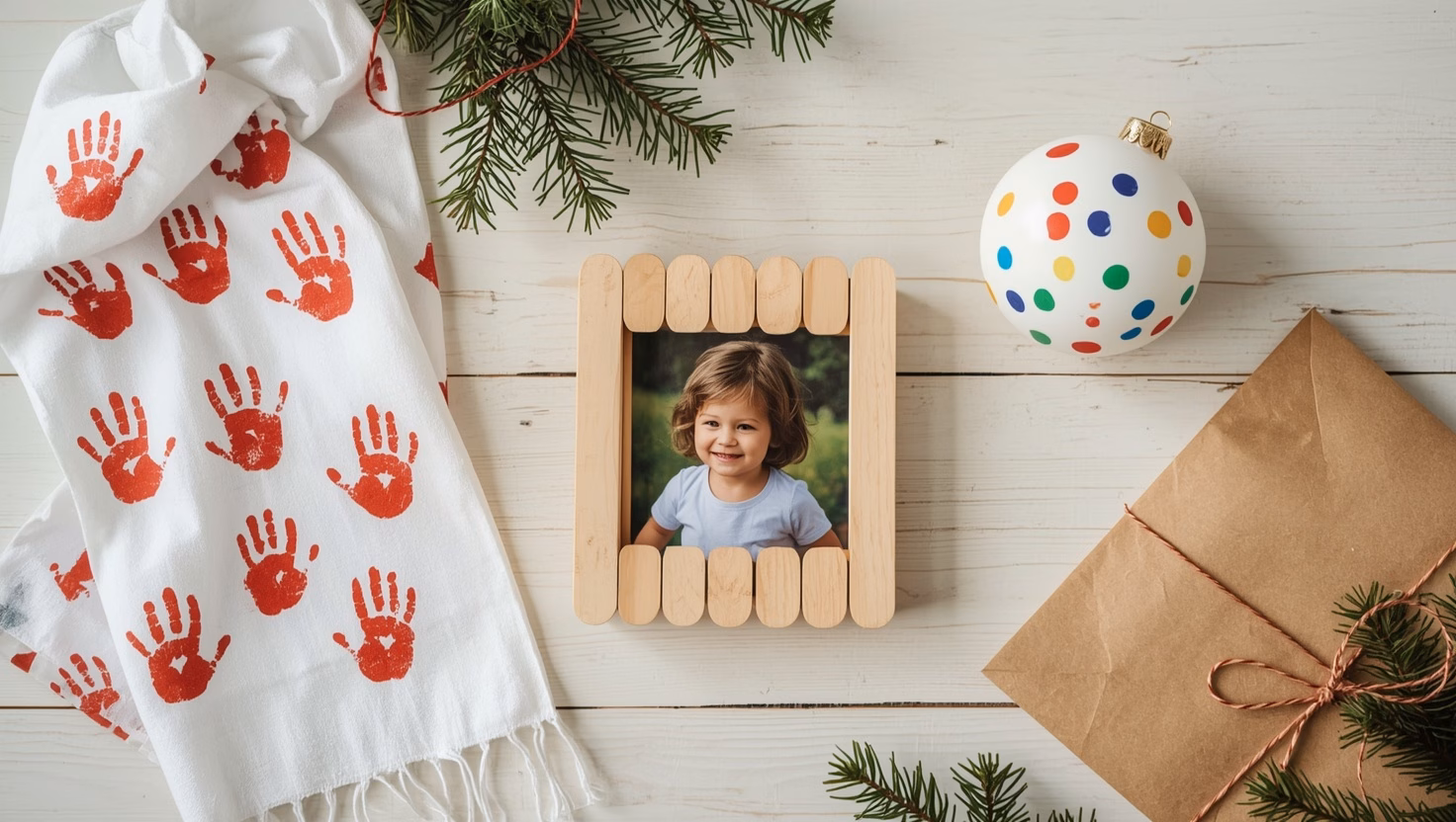 Geschenke für Oma und Opa basteln: Geschirrtuch mit Kinder-Handabdrücken, Bilderrahmen aus Eisstielen und Kugel mit Fingerabdrücken