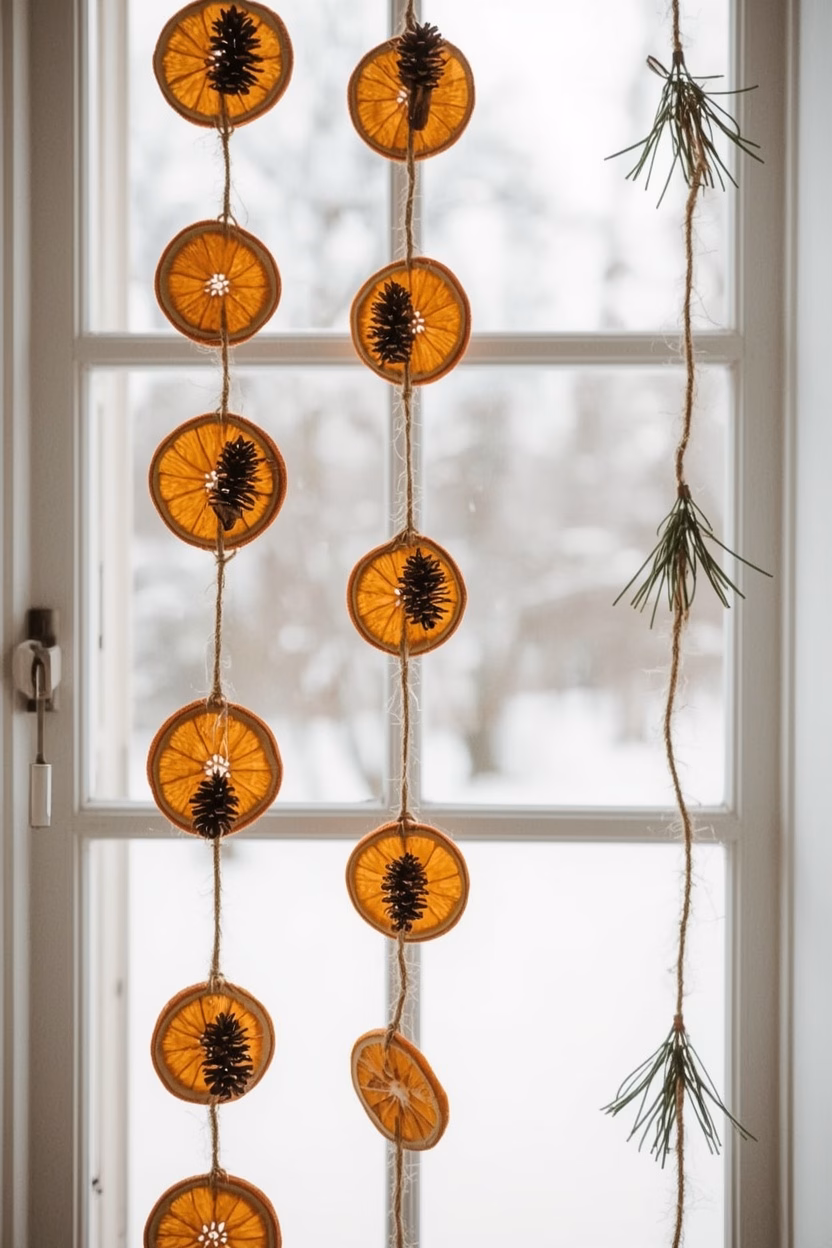 Basteln zu Weihnachten für Erwachsene: 8 Ideen mit Anleitung 15 Girlanden aus getrockneten Orangenscheiben und Tannenzapfen am Fenster