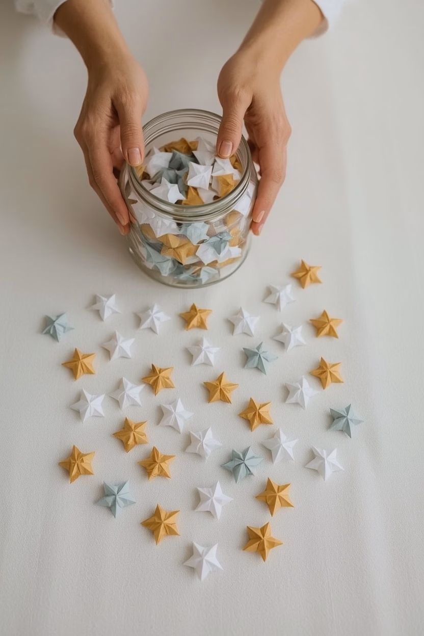 Glückssterne falten: kleine Sterne aus Papierstreifen in Weiß, Gold und Hellblau mit Glas