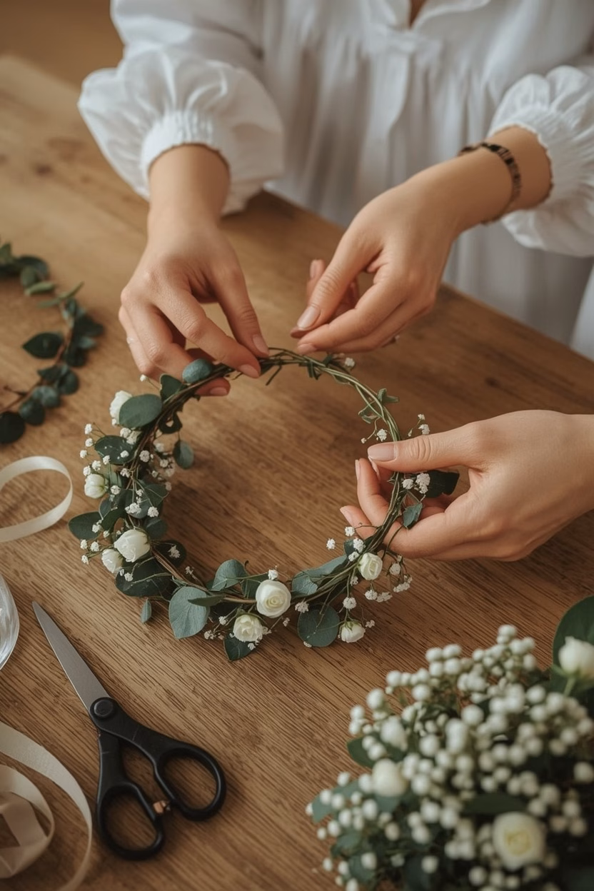 Blumenkranz binden beim JGA: Hände binden Eukalyptus und Schleierkraut zu einem Haarkranz