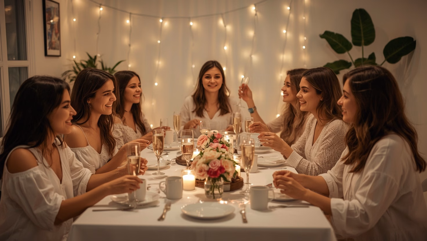 Junggesellinnenabschied zuhause: Freundinnen feiern an einer langen Tafel mit Lichterketten und Blumen