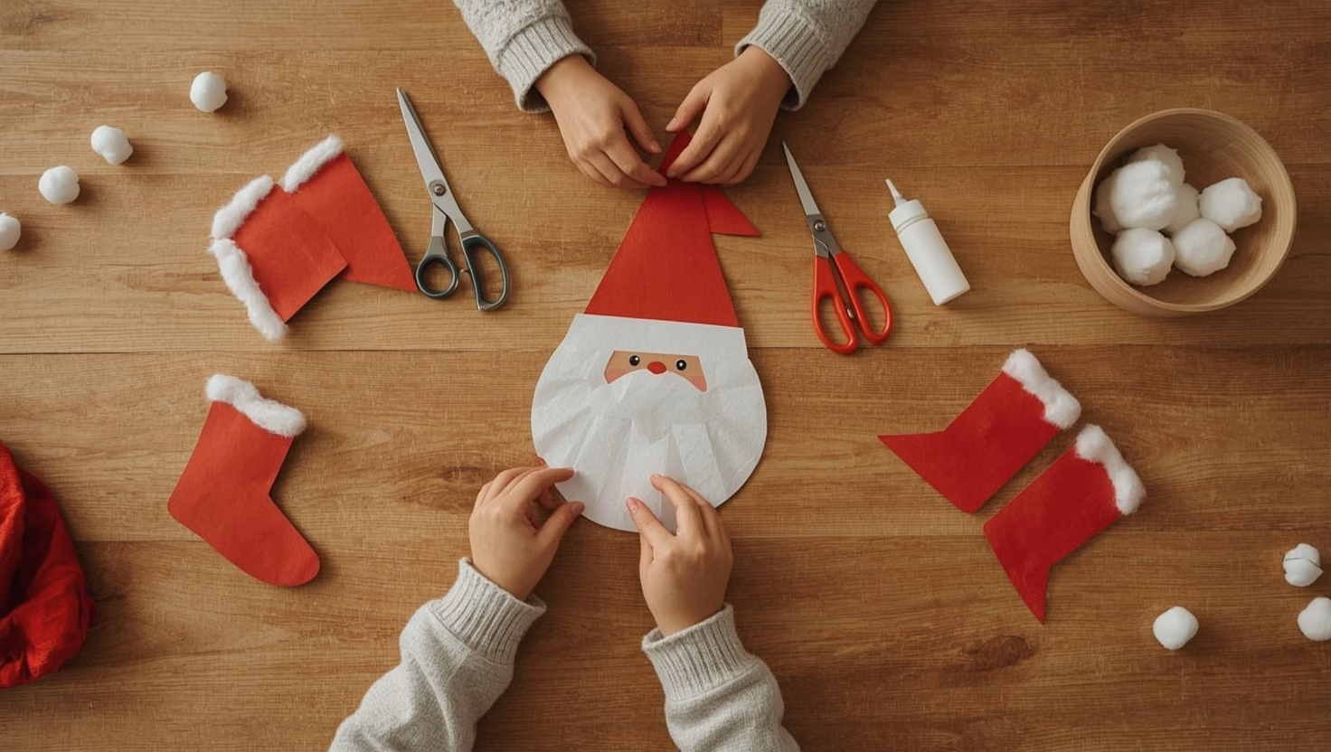 Nikolaus basteln mit Kindern: Kinderhände kleben einen Papier-Nikolaus mit Wattebart, daneben rote Stiefel aus Tonkarton