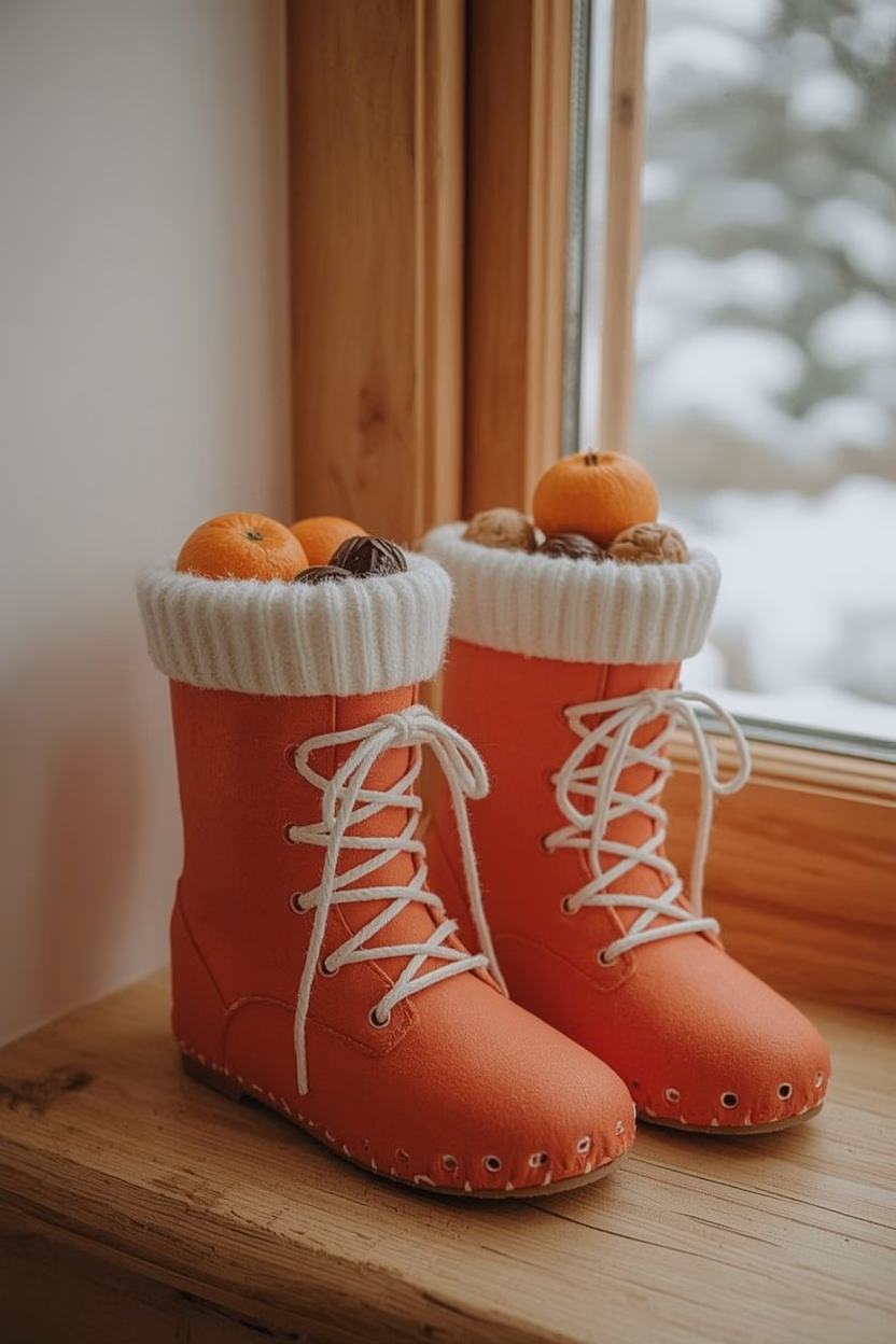 Zwei rote Nikolausstiefel mit weißem Rand, gefüllt mit Mandarinen und Nüssen, auf der Fensterbank