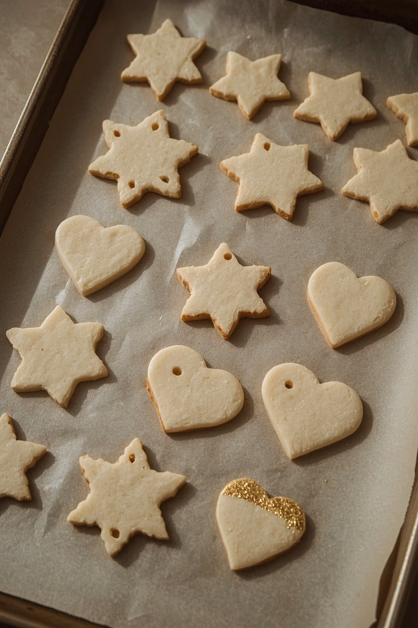 Salzteig-Rezept: Grundrezept, Trocknen und Weihnachtsanhänger 17 Salzteig-Sterne und -Herzen mit Aufhängeloch auf dem Backblech