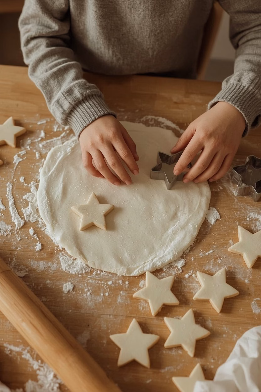 Kind sticht mit Ausstechformen Sterne aus Salzteig für Weihnachtsanhänger aus
