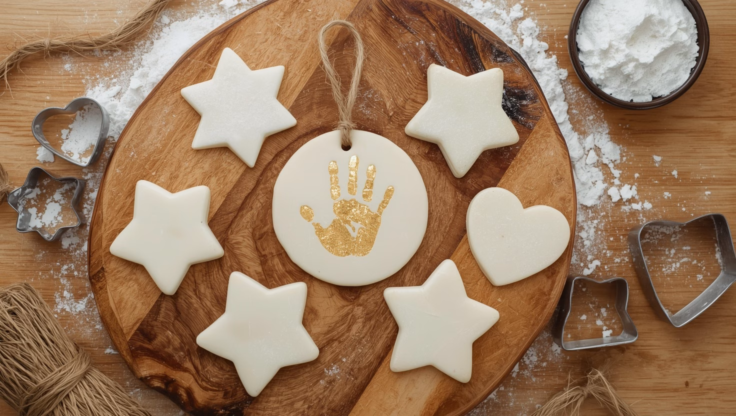 Salzteig-Rezept: Grundrezept, Trocknen und Weihnachtsanhänger 14 Weiß und gold bemalte Salzteig-Anhänger mit Sternen, Herzen und Handabdruck
