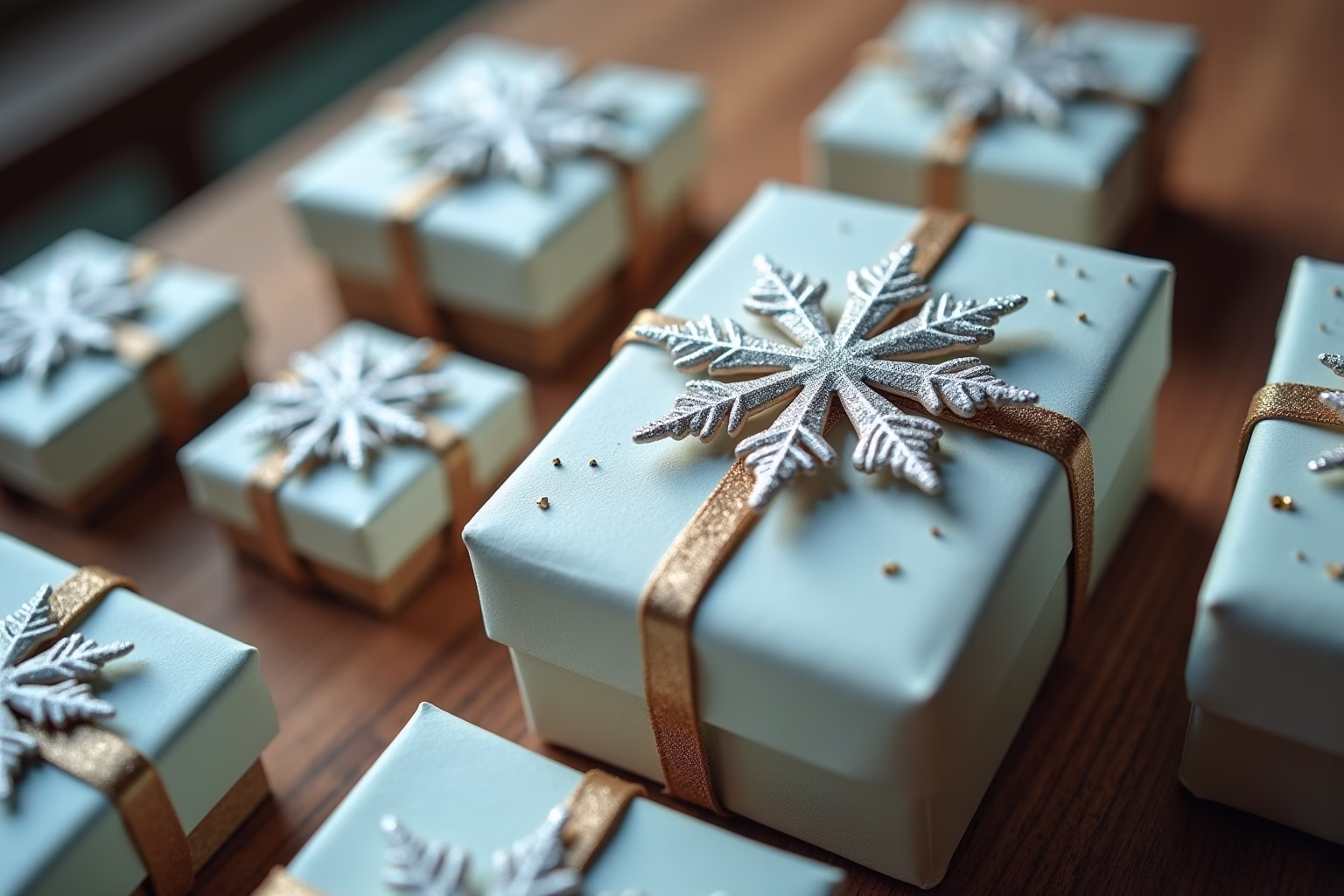 Selbst gebastelte Geschenkschachteln mit Schneeflocken und Band auf einem Holztisch