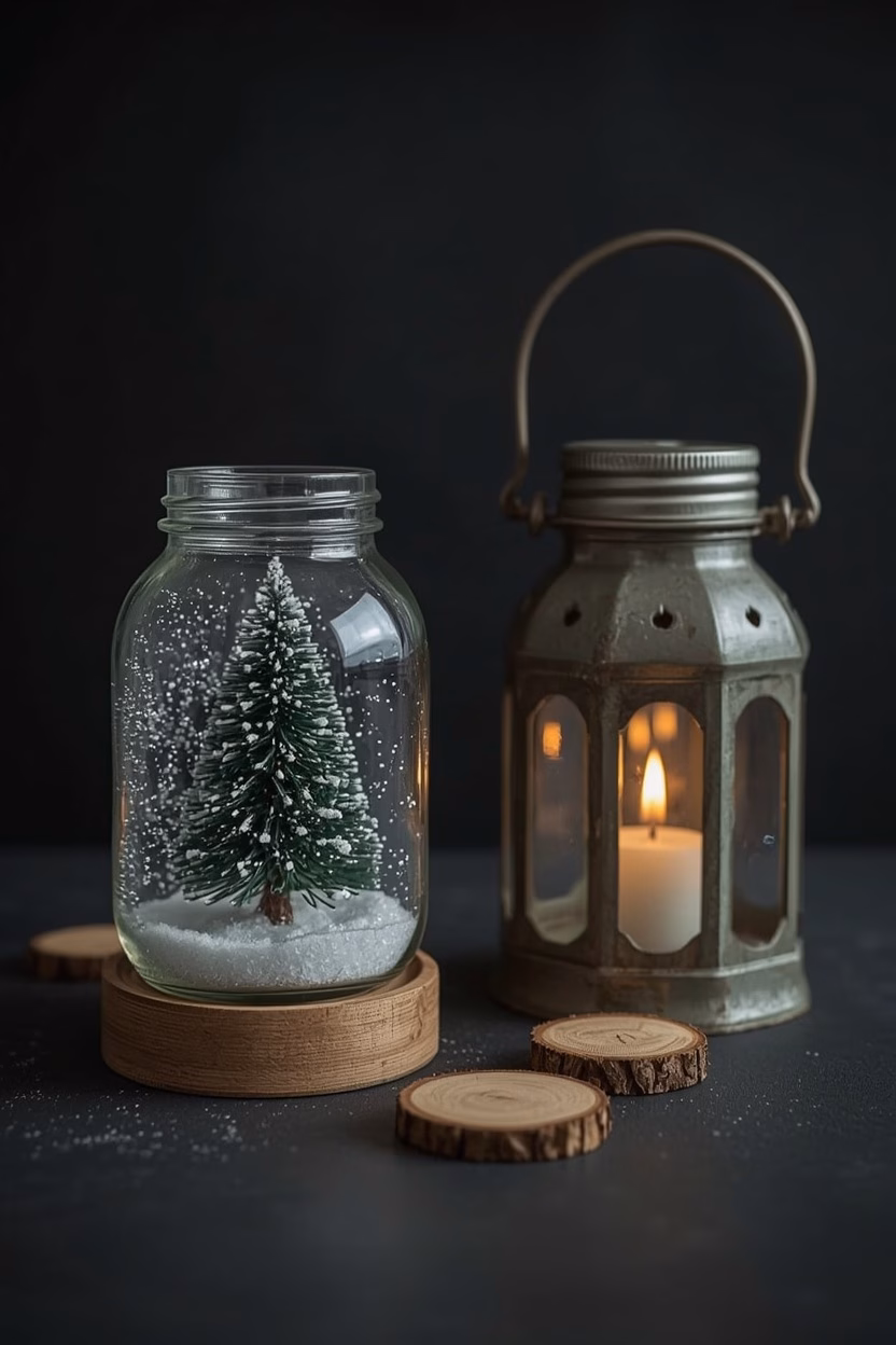 Basteln zu Weihnachten für Erwachsene: 8 Ideen mit Anleitung 17 Selbstgemachte Schneekugel im Schraubglas neben einem Windlicht