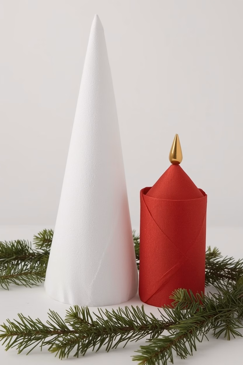 Servietten falten zu Weihnachten: Tannenbaum, Kerze, Stern & Co. 17 Rote Serviette als Kerze gerollt neben einer weißen, spitz gefalteten Serviette