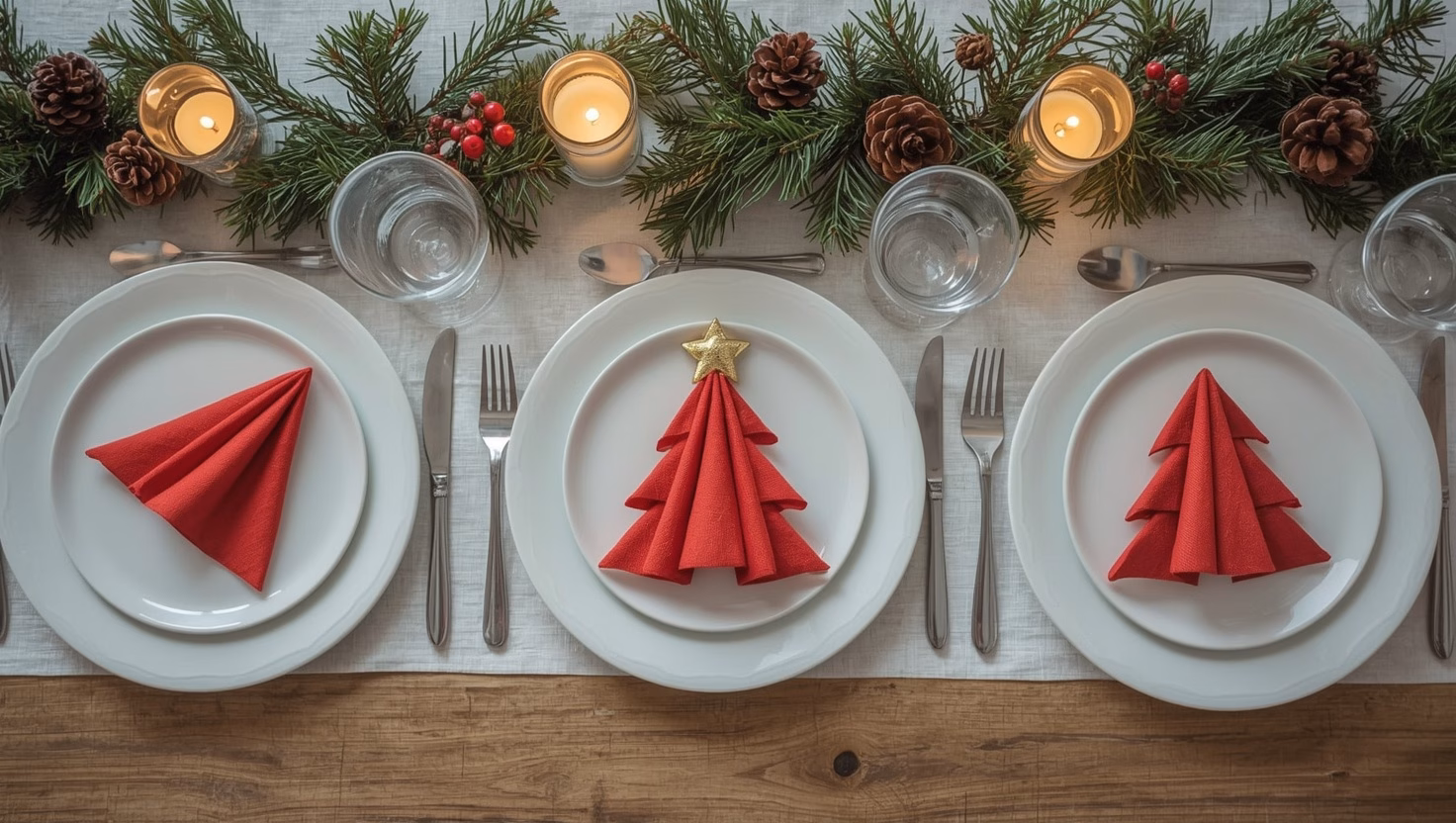 Servietten falten zu Weihnachten: Tannenbaum, Kerze, Stern & Co. 14 Weihnachtlich gedeckter Tisch mit roten Servietten, als Tannenbaum gefaltet