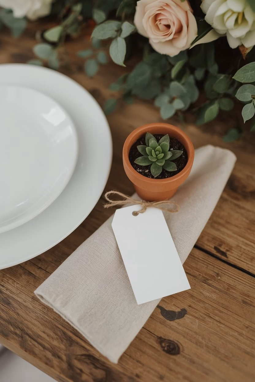 Mini-Sukkulente im Tontopf mit Kraftpapier-Anhänger als Namenskarte und Gastgeschenk am Hochzeitsteller