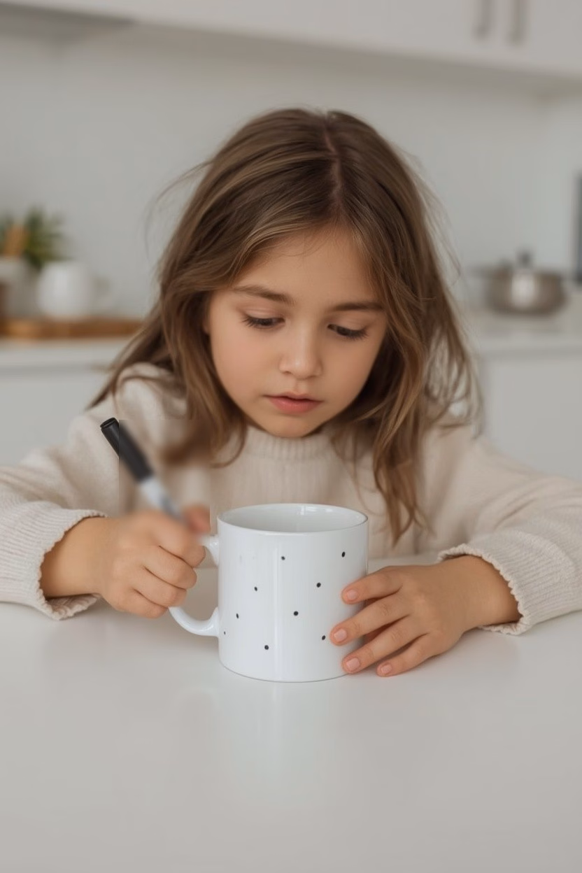Geschenke für Papa basteln: 10 Ideen für Weihnachten und Geburtstag 15 Mädchen bemalt eine weiße Tasse für Papa mit einem Porzellanstift