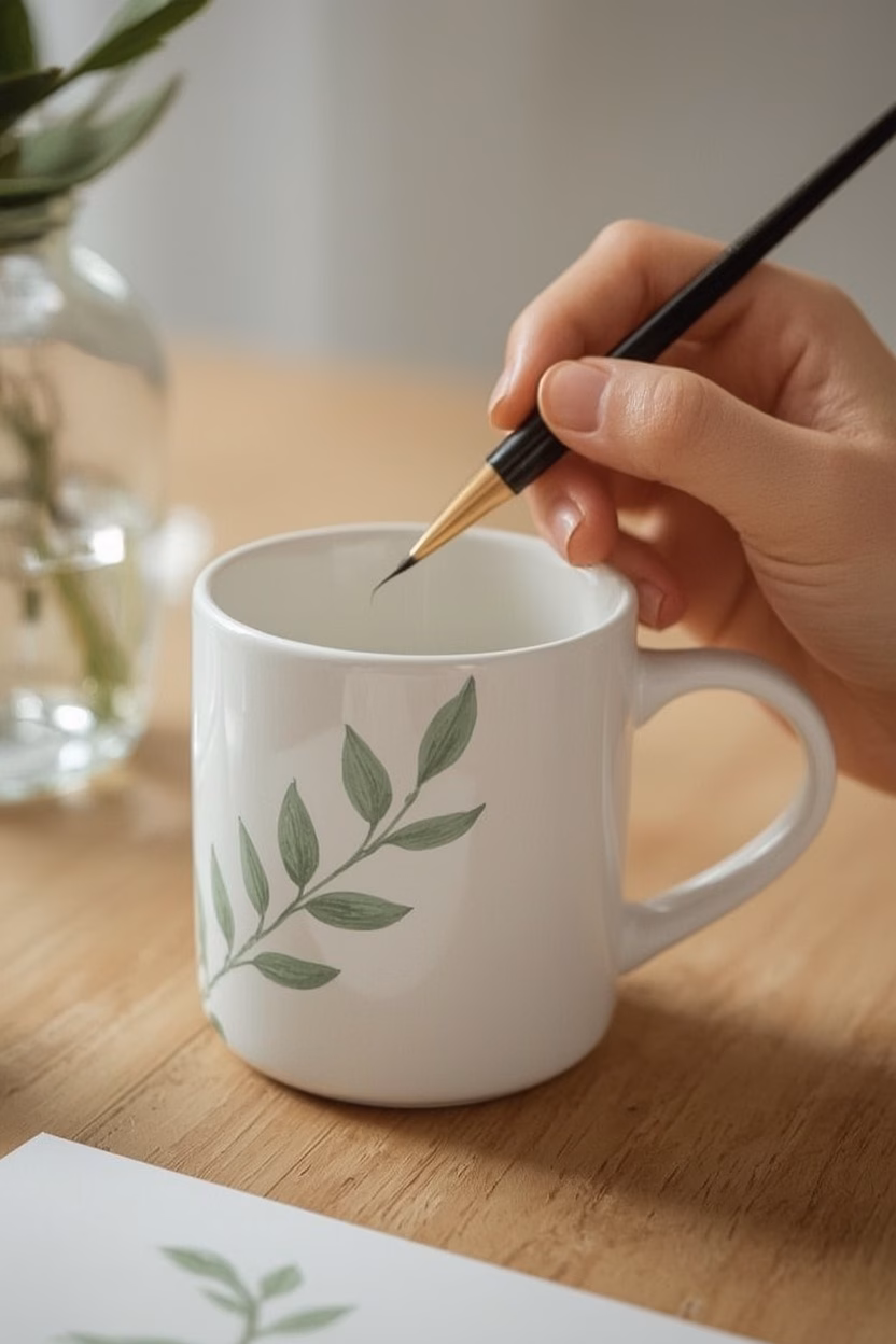 Weiße Tasse wird mit einem Porzellan-Pinselstift mit einem salbeigrünen Blattzweig bemalt