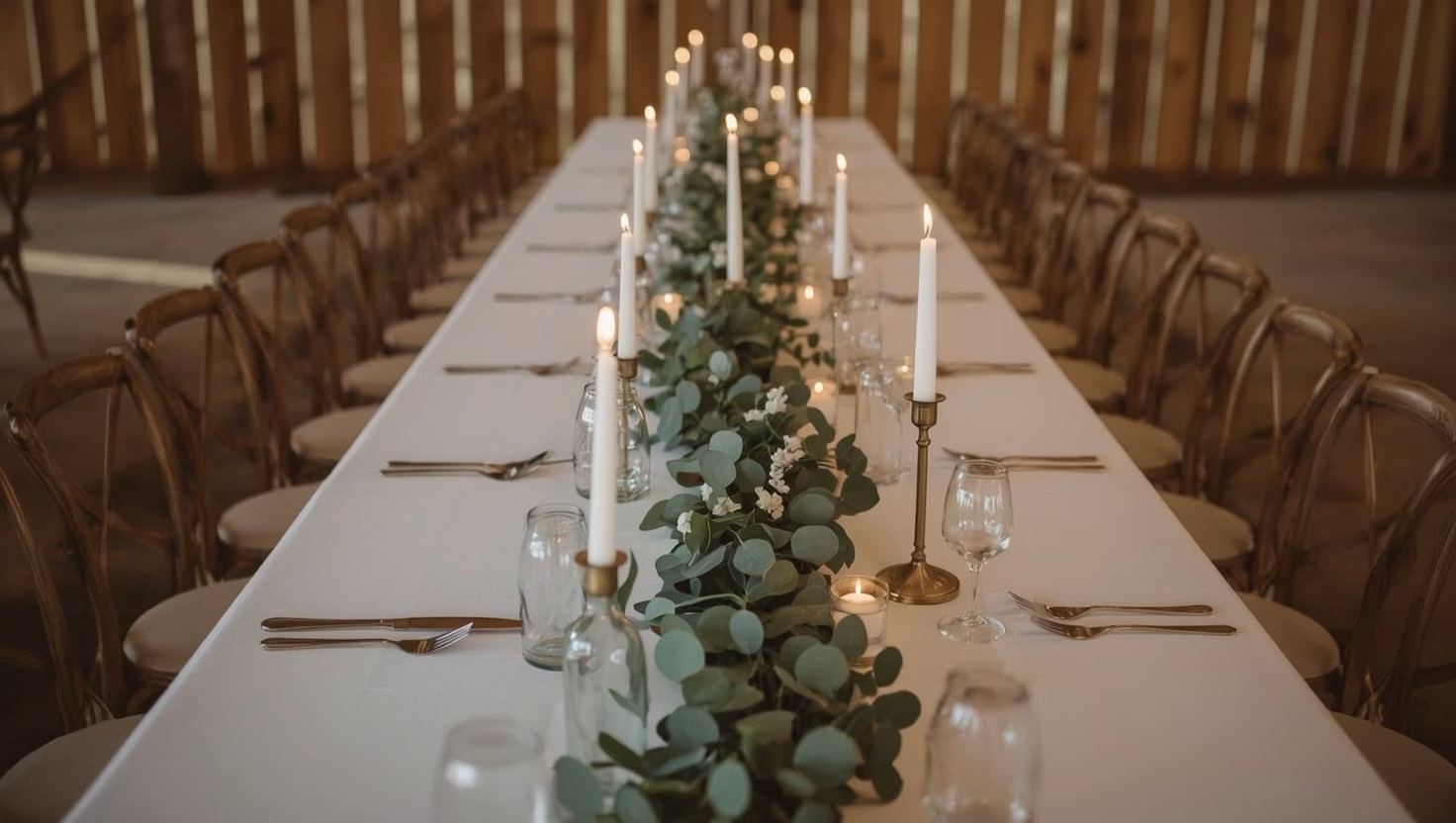 Tischdeko Hochzeit selber gemacht: lange Tafel mit Eukalyptus-Läufer, Glasflaschen-Vasen und weißen Stabkerzen