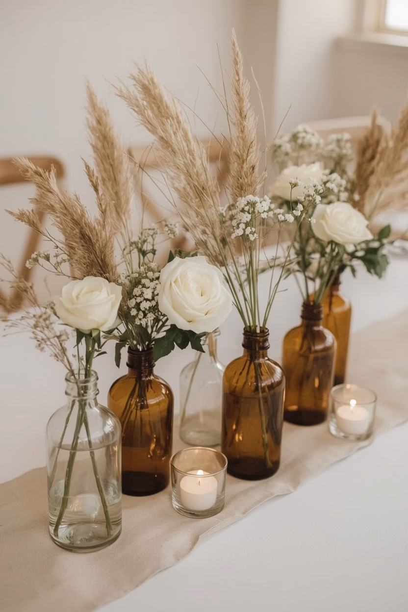 Vasen-Mix aus klaren und braunen Glasflaschen mit Rosen, Schleierkraut und Pampasgras als Boho-Tischdeko zur Hochzeit