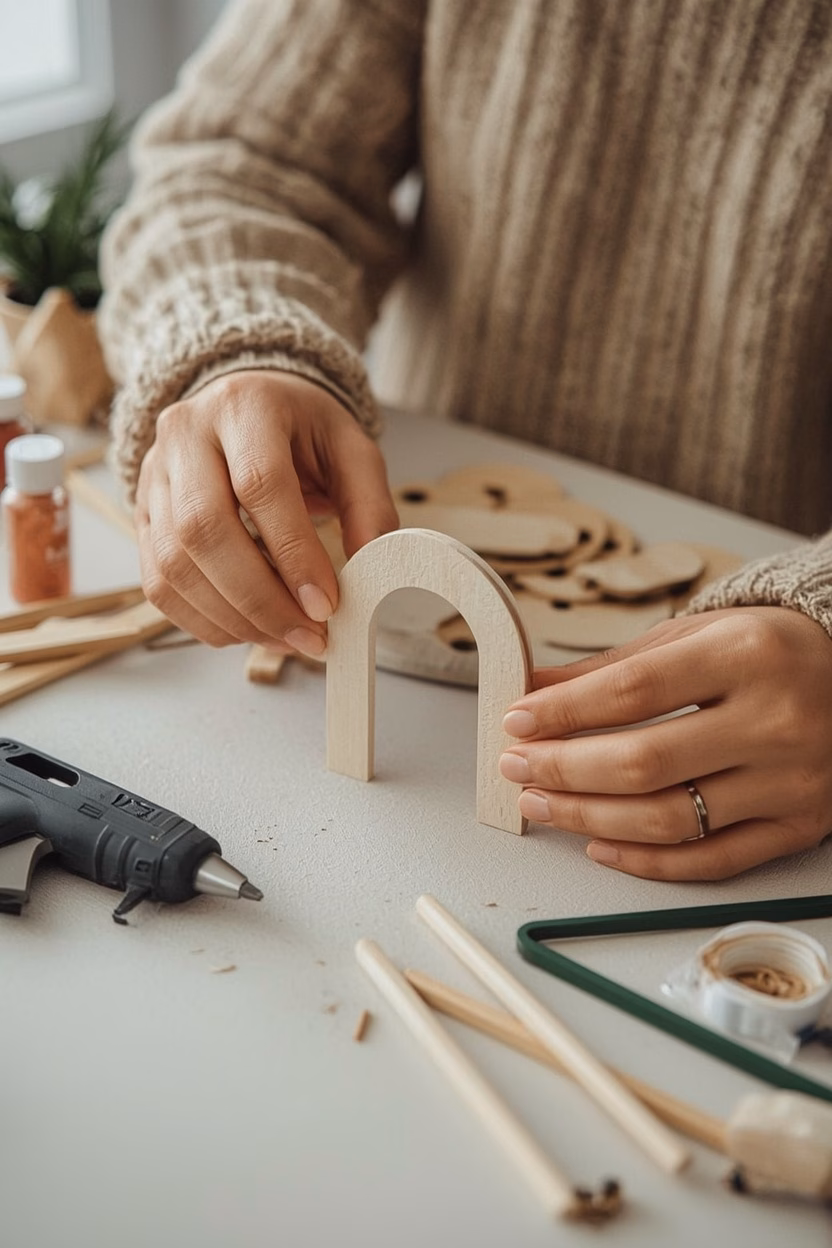 Wichteltür selber bauen: Hände kleben einen Türbogen aus Bastelholz mit Heißkleber