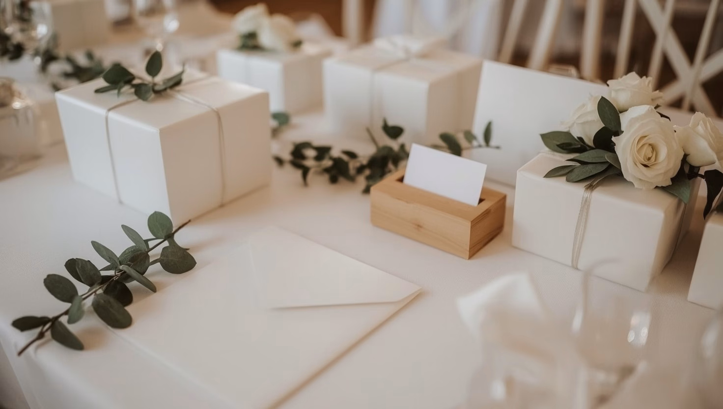 Wie viel Geld schenkt man zur Hochzeit: Gabentisch mit Umschlägen, Geschenken und Eukalyptus